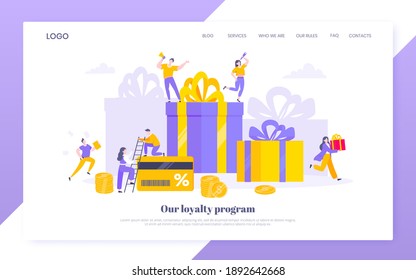 Earn loyalty program points and get online reward and gifts. Get loyalty card and customer service business concept flat design vector illustration. Tiny people with big card and money.