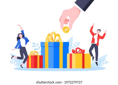 Earn loyalty program points, get online reward and gifts. Get loyalty card and customer service business concept flat design vector illustration. Tiny people with big gift boxes.