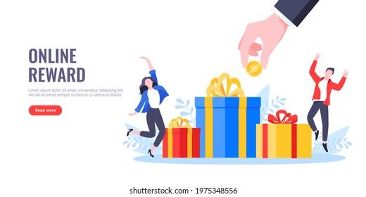 Earn loyalty program points, get online reward and gifts. Get loyalty card and customer service business concept flat design vector illustration. Tiny people with big gift boxes.