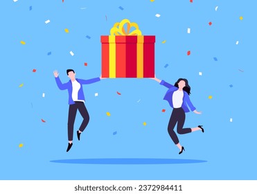 Earn loyalty program points, get online reward and gifts. Get loyalty card and customer service business concept flat design vector illustration. Tiny people won big gift box prize.