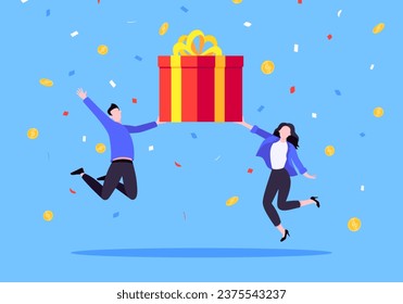 Earn loyalty program points, get online reward and gifts. Get loyalty card and customer service business concept flat design vector illustration. Tiny people won big gift box prize.