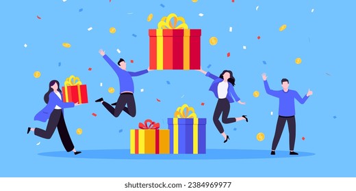 Earn loyalty program points, get online reward and gifts. Get loyalty card and customer service business concept flat design vector illustration. Tiny people won big gift box prize.