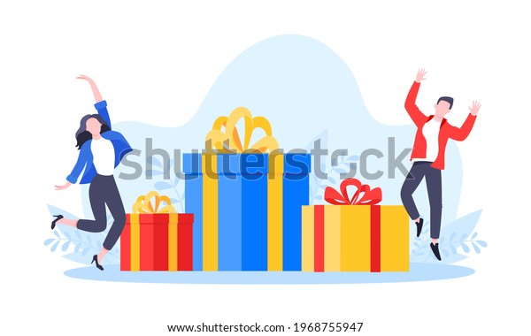 Earn\
loyalty program points, get online reward and gifts. Get loyalty\
card and customer service business concept flat design vector\
illustration. Tiny people with big gift\
boxes.
