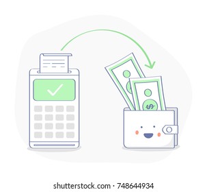 Earn money, cash back or bonus service, payments using NFC terminal. Cash is returned to the purse from the purchase. Flat outline vector illustration, business template.