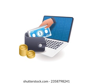 Earn money from computer work flat isometric illustration