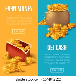 Earn money and get cash posters. Golden coins in old bronze pot and purse. Big profit and save money banner, money making concept, bank deposit, financial success vector illustration in cartoon style.