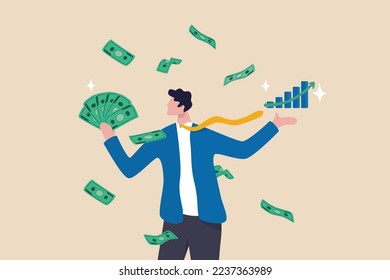 Earn money or make profit investing, easy cash or loan, investment professional or expert, wealth management or success investor concept, rich businessman hold pile of money banknote and growth chart.