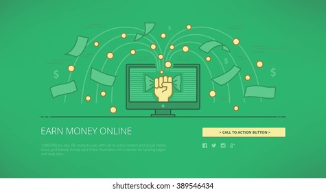 Earn money on line modern line vector illustration for web banners, hero images, web sites and landing pages with call to action button and social media icons. Ready for use