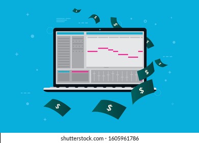 Earn money on music production. Laptop with music software on screen, and money raining down. Create income from music production, Audio composer and engineer salary concept in vector illustration.