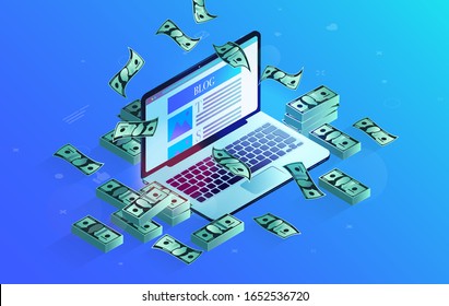 Gana dinero en tu blog - Computadora portátil con el sitio web en pantalla, dinero lloviendo. Dinero en efectivo para bloguear, ingresos pasivos, concepto de ganancias tecnológicas. Ilustración vectorial.