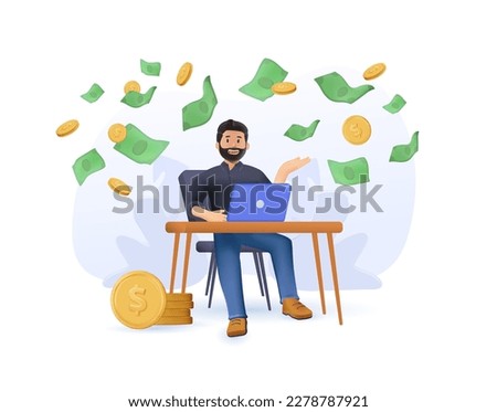Earn money online 3D concept. Man working online computer and coins 3D vector illustration. Freelancer making money from home, earn in internet, success, remote work. Earning, spending save money
