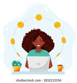 Earn money online. Black woman working on laptop and making money online. Remote work, freelance concept. Vector illustration