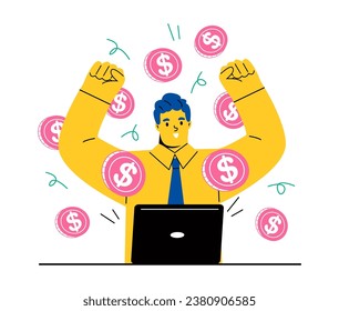 Earn money online. Business man working online with a computer and coins. Flat vector illustration isolated on white background
