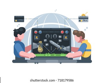 Earn money in online computer game. Play in virtual world. Vector illustration