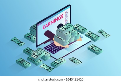 Earn money online - Hands coming out of laptop computer with lots of money. Profits on digital projects, money handout, salary and passive income concept. Isometric vector illustration.