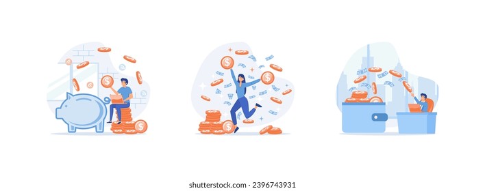 Earn money online, Happy woman getting cash, money flowing. Earning money set flat vector modern illustration  