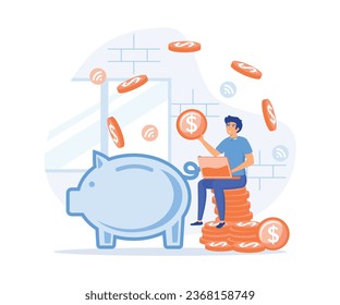 Earn money online. Man working online with a computer,  Freelancer making money from home, earn in internet, success, remote work, flat vector modern illustration