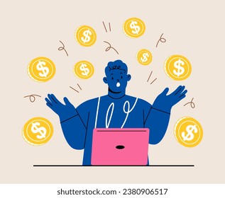 Earn money online. Man working online with a computer and coins. Colorful vector illustration
