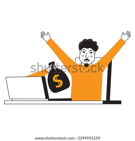 Earn money online. Man working online computer.Freelancer making money from home.Happy successful businessman work online on laptop.Remote work earnings.Hand  giving money sack stretches bag money.