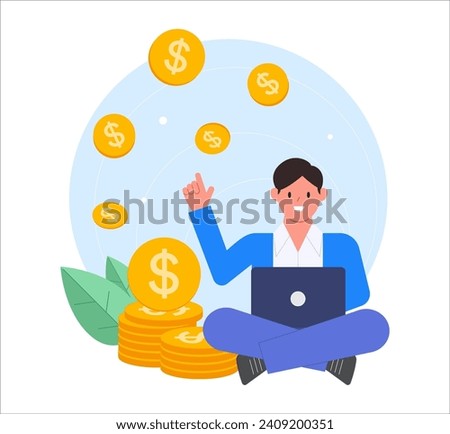 Earn money online. A man works online with a laptop and coins. Freelancer making money from home, Success remote work. Freelancers earn money from home and work online. Vector illustration