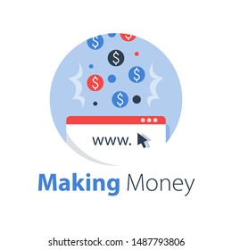 Earn money online, pay per click, cash back website, advertisement revenue, internet business and finance, digital wallet, vector flat illustration