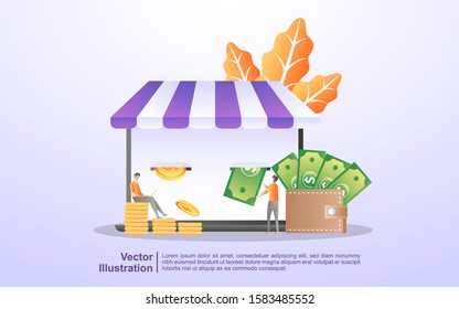 Earn money and online payment concept. Online shopping, get cash back, Money saving and money making, online money transfer. Can use for web landing page, banner, mobile app. Vector illustration