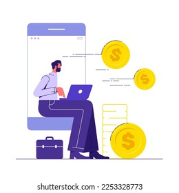 Earn money online, remote work, mobile marketing. Man sitting on the phone display and make money online or man receiving money through the mobile Screen