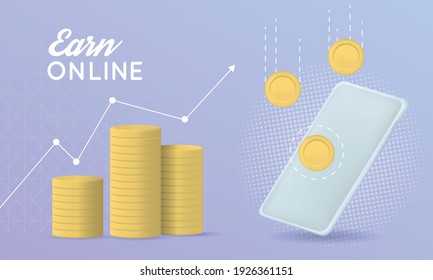 Earn money online - Smartphone with fallings coins and stacks of gold coins.
Trendy 3d vector concept for banner, web, app design. Passive income, investment concept. 3d Vector Realistic design. 