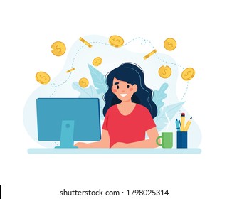 Earn Money Online, Woman With A Computer And Coins. Vector Illustration In Flat Style