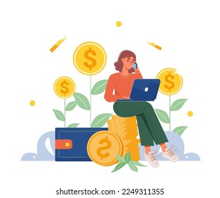 Ganar dinero en línea. Empresaria trabajando en línea con una ilustración vectorial de la computadora y la moneda. Trabajador independiente haciendo dinero desde casa o internet, éxito, trabajo remoto. Mujer de negocios exitosa.