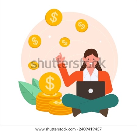 Earn money online. A woman works online with a laptop and coins. Freelancer making money from home, Success remote work. Freelancers earn money from home and work online. Vector illustration
