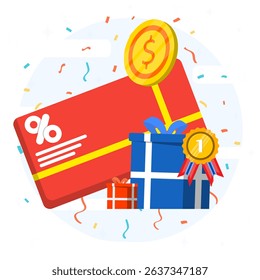 Earn money or points to get gift. Online shopping sales bonus with purchase return percentage. Consumer rewards concept.