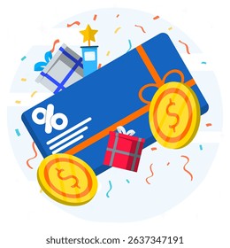 Earn money or points to get gift. Online shopping sales bonus with purchase return percentage. Consumer rewards concept.