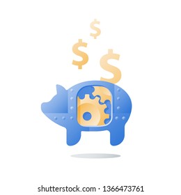 Earn money, providing finance solution, fund raising, financial security, pension fund, return on investment, cogwheel mechanism, budget plan, vector icon, flat illustration