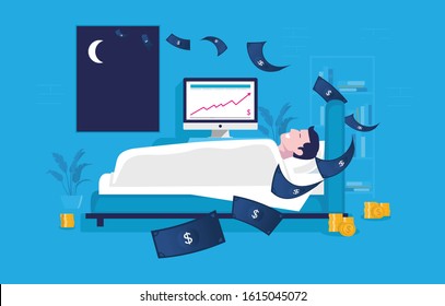 Earn money while sleeping. Man in bedroom sleeping in bed, money flying in window, computer screen shows graph with growing income. Passive income concept. Vector illustration.