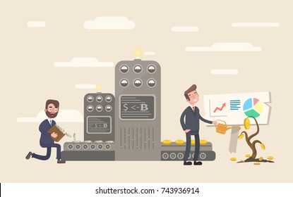 Ganhe com bitcoins. Ilustração vetorial em estilo cartoon