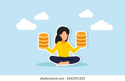 Earn passive income, achieve financial independence, and retire early through smart investing, concept of Relaxed young woman sitting and receiving a stack of money coins in her hand