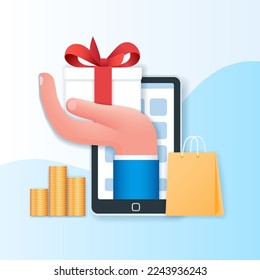 Earn point banner. Mobile phone with gift box on the screen. Loyalty program and get rewards. Marketing program concept. Web vector illustration in 3D style