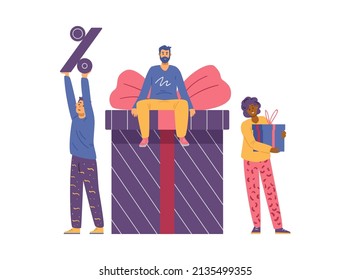 Ganar puntos y obtener banner de bonificación para el programa de fidelización y recompensas a los clientes, ilustración plana vectorial aislada en fondo blanco. Imagen para promoción de descuento.