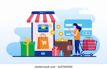 Earn point shopping, women shopping, gift & reward landing page website illustration flat vector template 