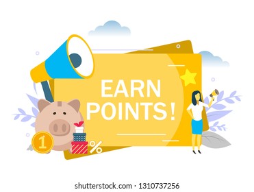 Earn points announcement, woman with megaphone, piggy bank, boxes, vector flat illustration. Customer reward bonus points loyalty program, marketing strategy concept for web banner, website page, etc.