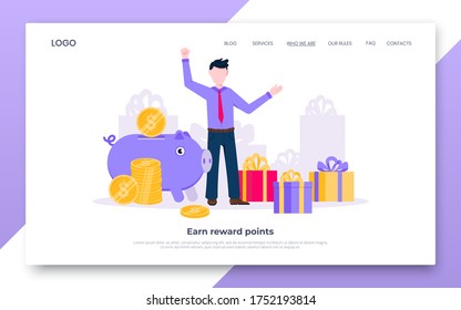Earn points business landing page concept flat style design vector illustration. Loyalty reward points for purchase cashback program. Earn and get bonus signs. Happy man standing near gift boxes.