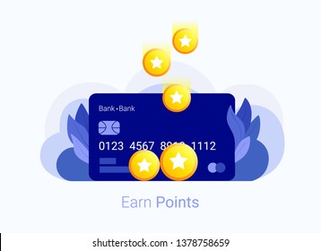 Earn Points Concept. Bank Bonus Card With Reward Points. Loyalty Program. Trendy Flat Style. Vector Illustration.