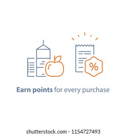 Earn points and get reward, loyalty program, marketing concept, grocery food and shopping basket, vector line icon, thin stroke illustration
