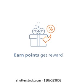 Earn points and get reward, loyalty program, give away concept, incentive gift, vector line icon, thin stroke illustration