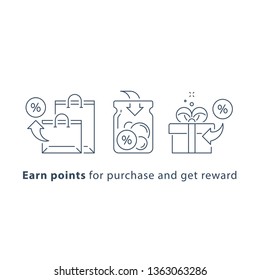 Earn Points And Get Reward, Loyalty Program, Marketing Concept, Vector Line Icon, Thin Stroke Illustration