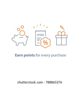 Earn points and get reward, loyalty program, marketing concept, vector line icon, thin stroke illustration