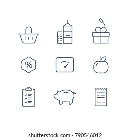 Earn points and get reward, loyalty program, marketing concept, grocery basket, gift box prize, checklist purchase, vector line icon, thin stroke illustration