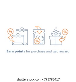 Earn Points And Get Reward, Loyalty Program, Marketing Concept, Vector Line Icon, Thin Stroke Illustration