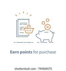 Earn points and get reward, loyalty program, marketing concept, piggy bank with coins and till slip with shopping basket, vector line icon, thin stroke illustration